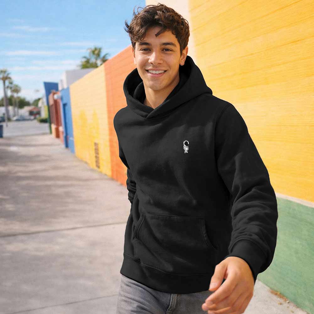 Dalix Astronaut Relaxed Fit Midweight Fleece Pullover Hooded Sweatshirt Mens in Black S Small