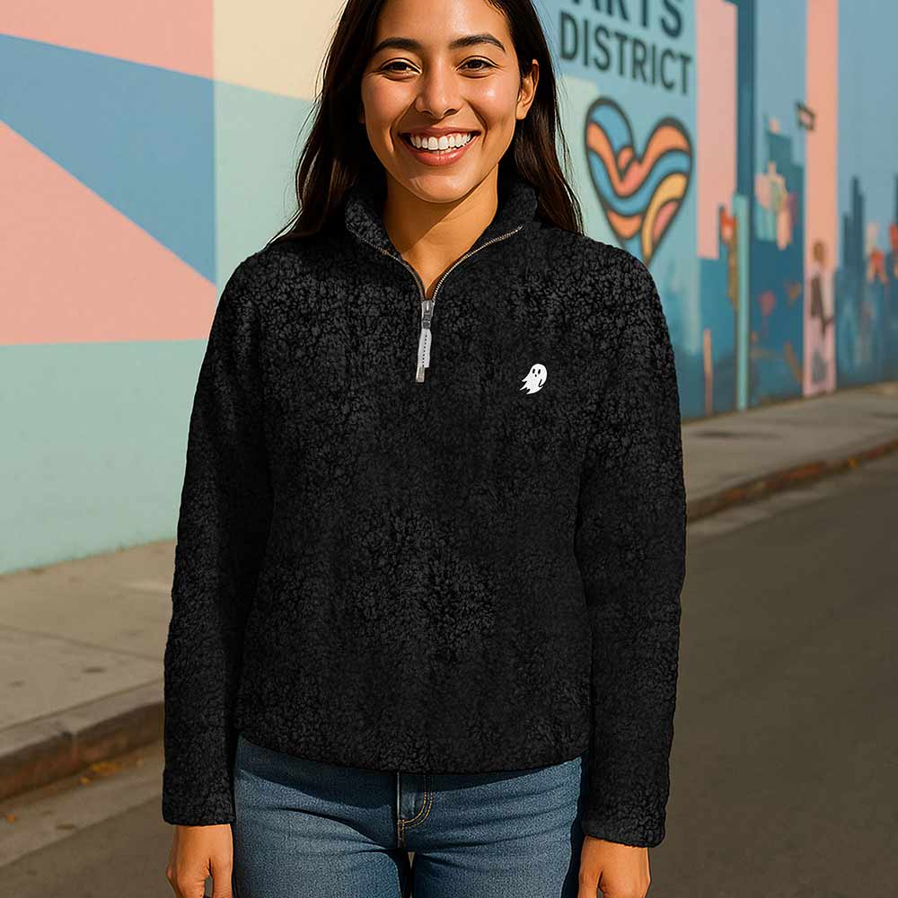 Dalix Womens Ghost Faux Sherpa Quarter Zip Pullover Warm Cozy in Black S Small