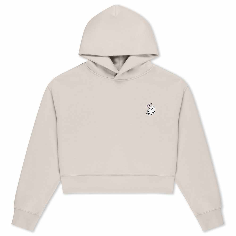 Dalix Heartly Ghost Relaxed Fit Cropped Midweight Fleece Hooded Sweatshirt Womens in Bone S Small
