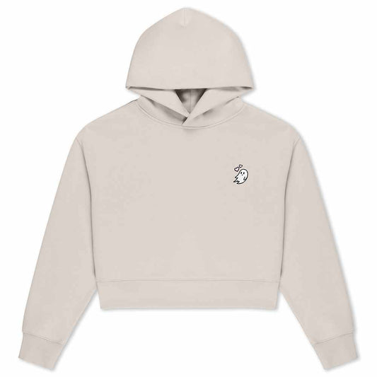 Dalix Heartly Ghost Relaxed Fit Cropped Midweight Fleece Hooded Sweatshirt Womens in Bone S Small