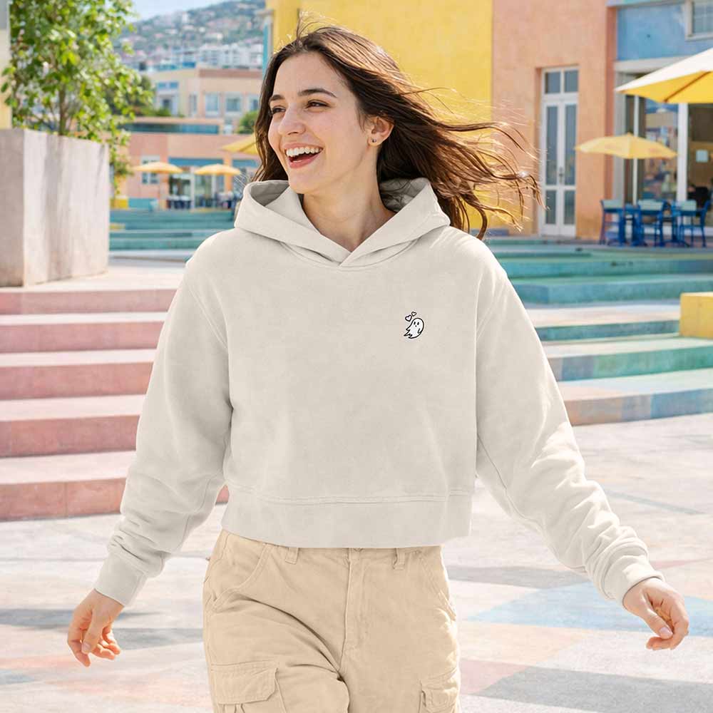 Dalix Heartly Ghost Relaxed Fit Cropped Midweight Fleece Hooded Sweatshirt Womens in Bone S Small