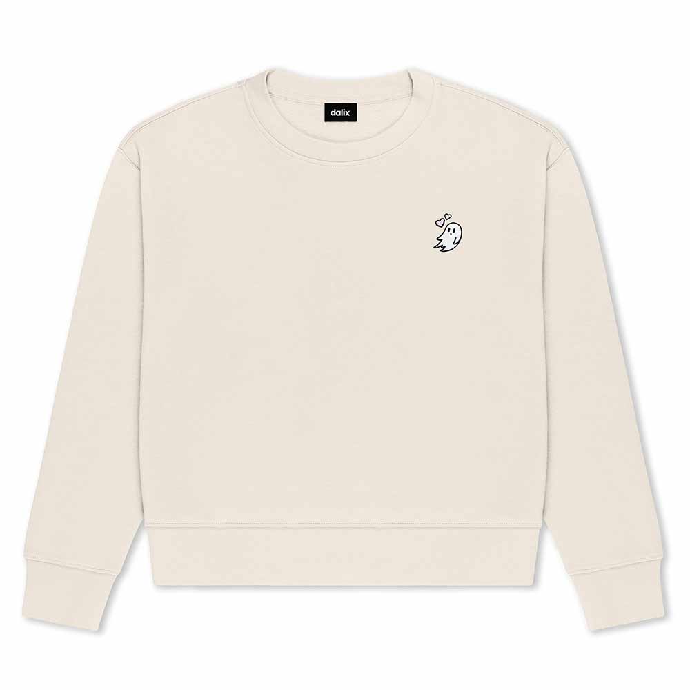Dalix Heartly Ghost Crewneck Sweatshirt Cotton Fleece Pullover Relaxed Fit Soft Midweight Casual Everyday Wear Womens in Ecru S Small