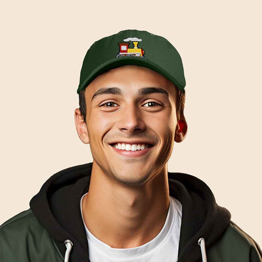 Dalix Train Embroidered Dad Cap Cotton Baseball Hat Mens in Olive