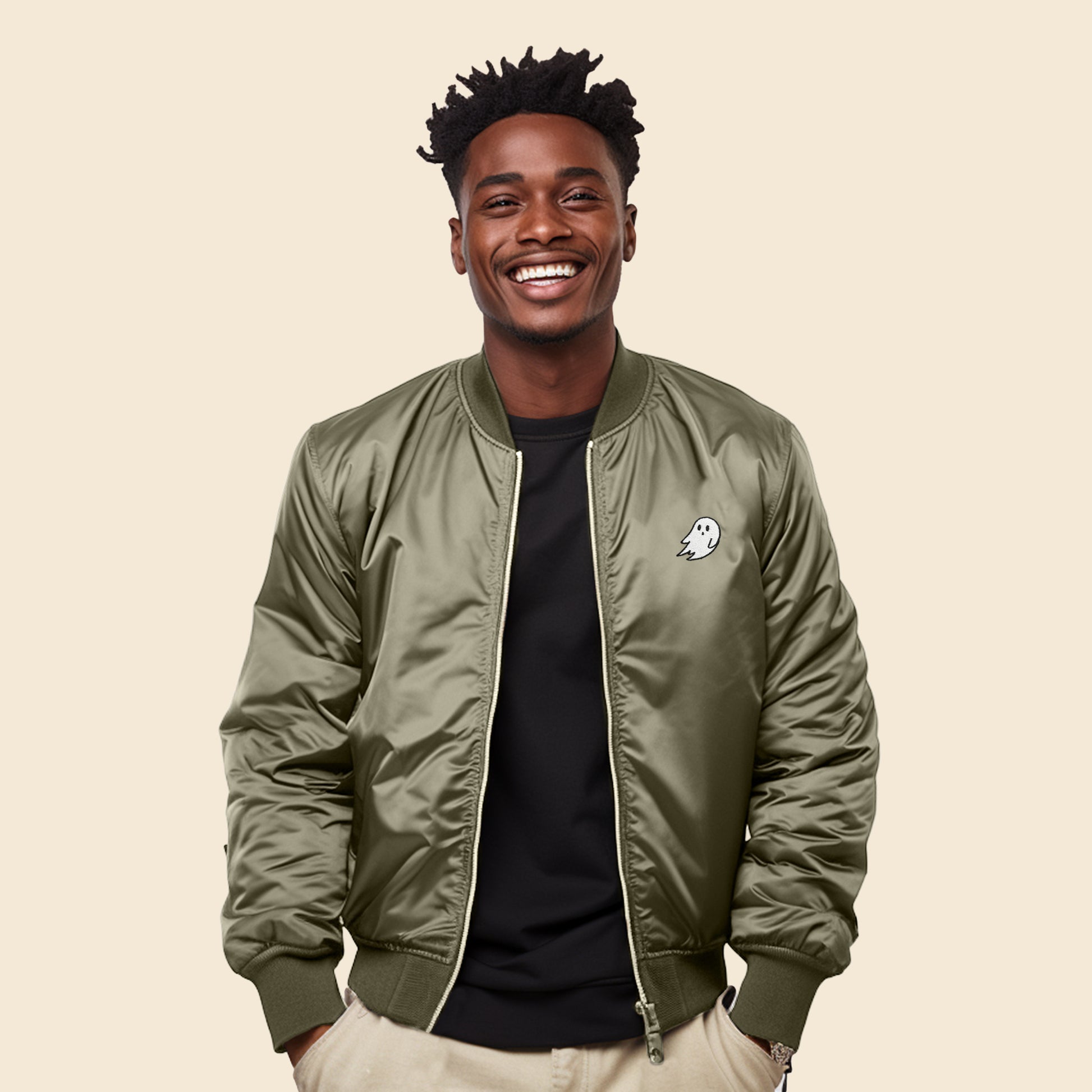 Dalix Ghost Embroidered Bomber Jacket Lightweight Zip Windbreaker Mens in Army L Large