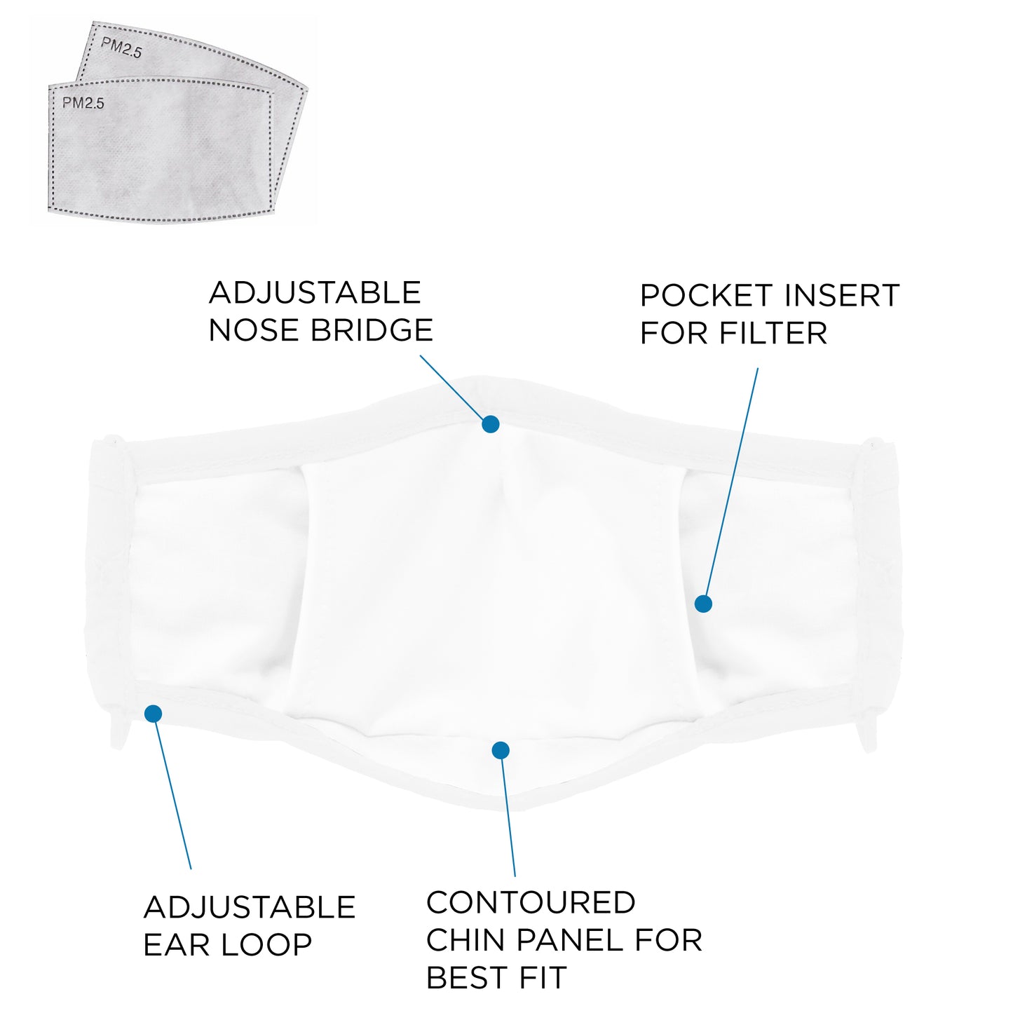 DALIX Cloth Face Mask 3 Layer Filter Pocket Adjustable Nose Ear Loops S/M with Filter- 3 Pack