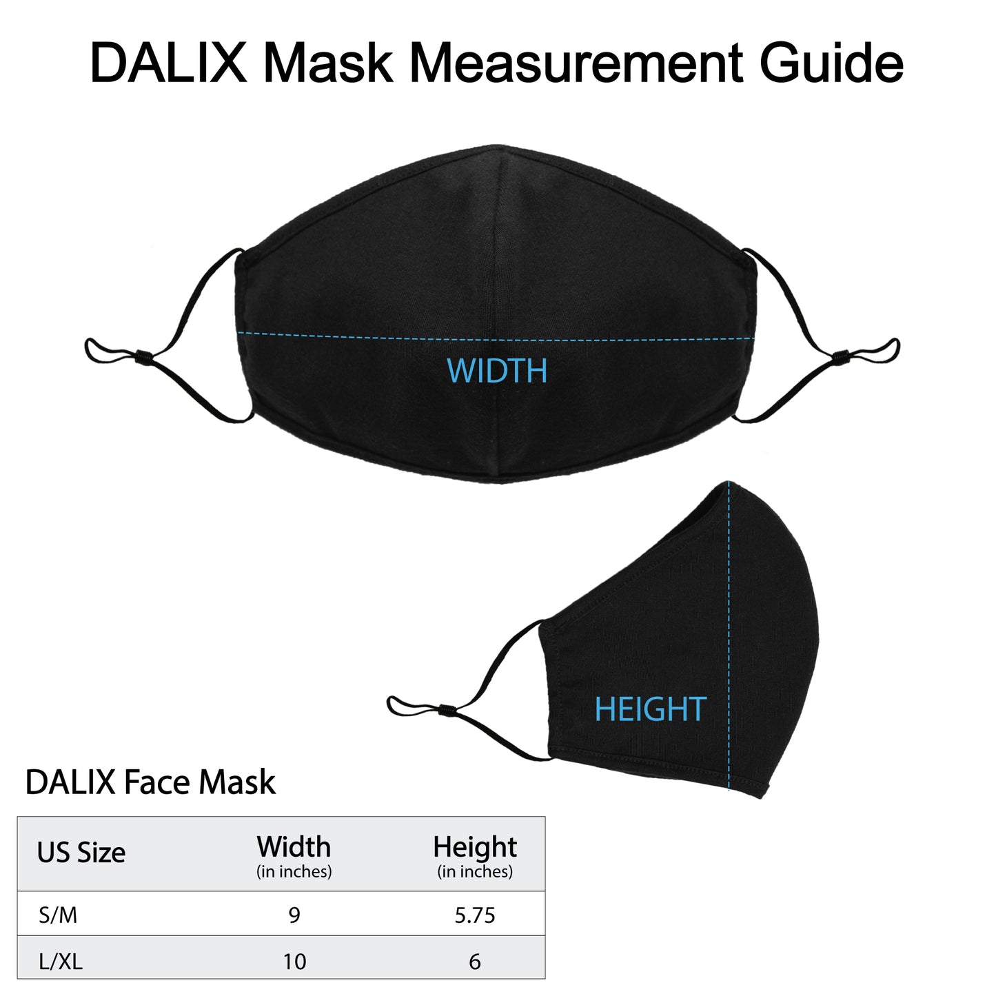 DALIX Cloth Face Mask Reuseable Washable Made in USA - S-M, L-XL Size (10 Pack)