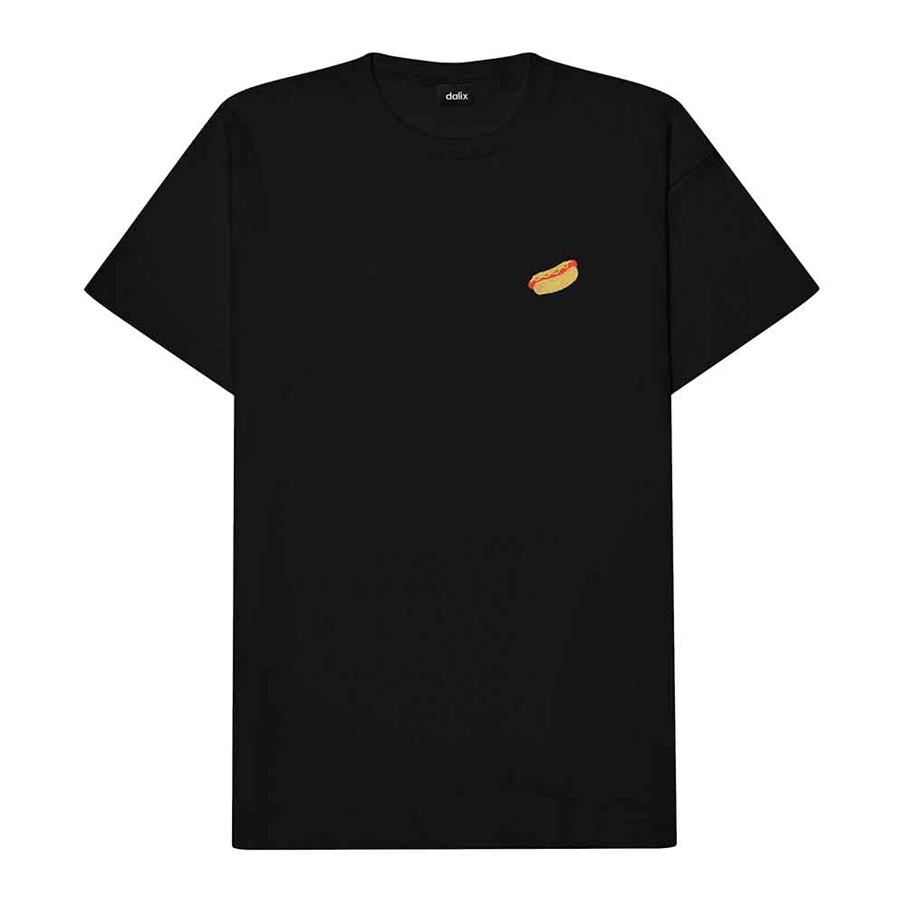 Dalix Hot Dog Embroidered Relaxed Heavy Soft Cotton T Shirt Mens in Black L Large