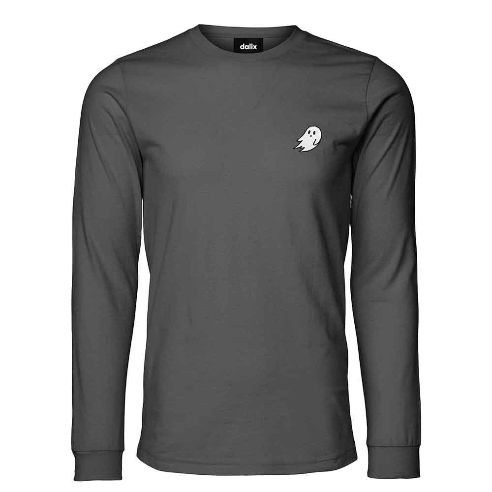 Dalix Ghost Embroidered Long Sleeve Tee Lightweight Soft Cotton Shirt Mens in Asphalt Gray 2XL XX-Large