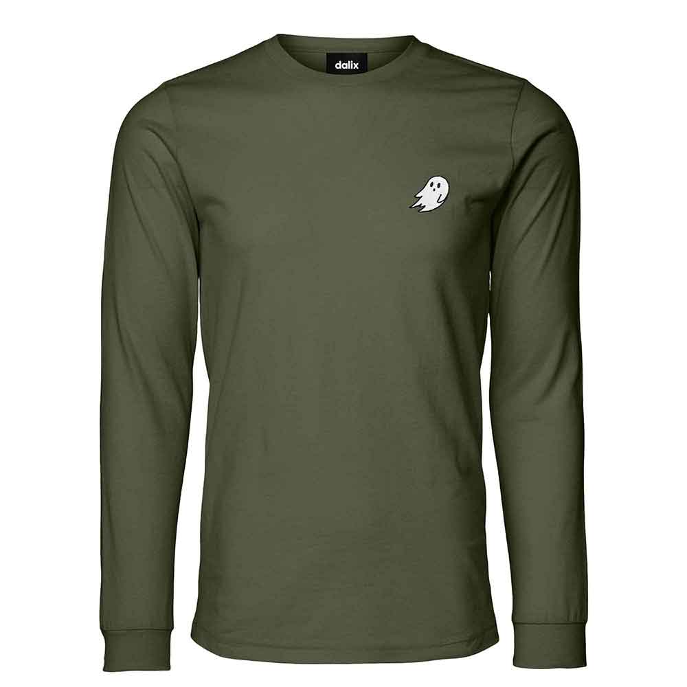 Dalix Ghost Embroidered Long Sleeve Tee Lightweight Soft Cotton Shirt Mens in Military Green 2XL XX-Large