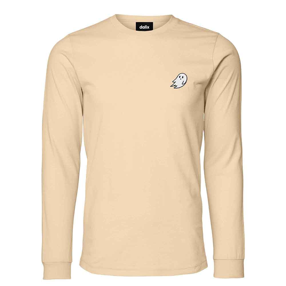 Dalix Ghost Embroidered Long Sleeve Tee Lightweight Soft Cotton Shirt Mens in Soft Cream 2XL XX-Large