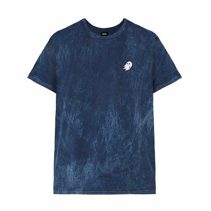Dalix Ghost Embroidered Mineral Wash Tie Dye Cotton Short Sleeve Tee T Shirt Mens in Navy Blue 2XL XX-Large