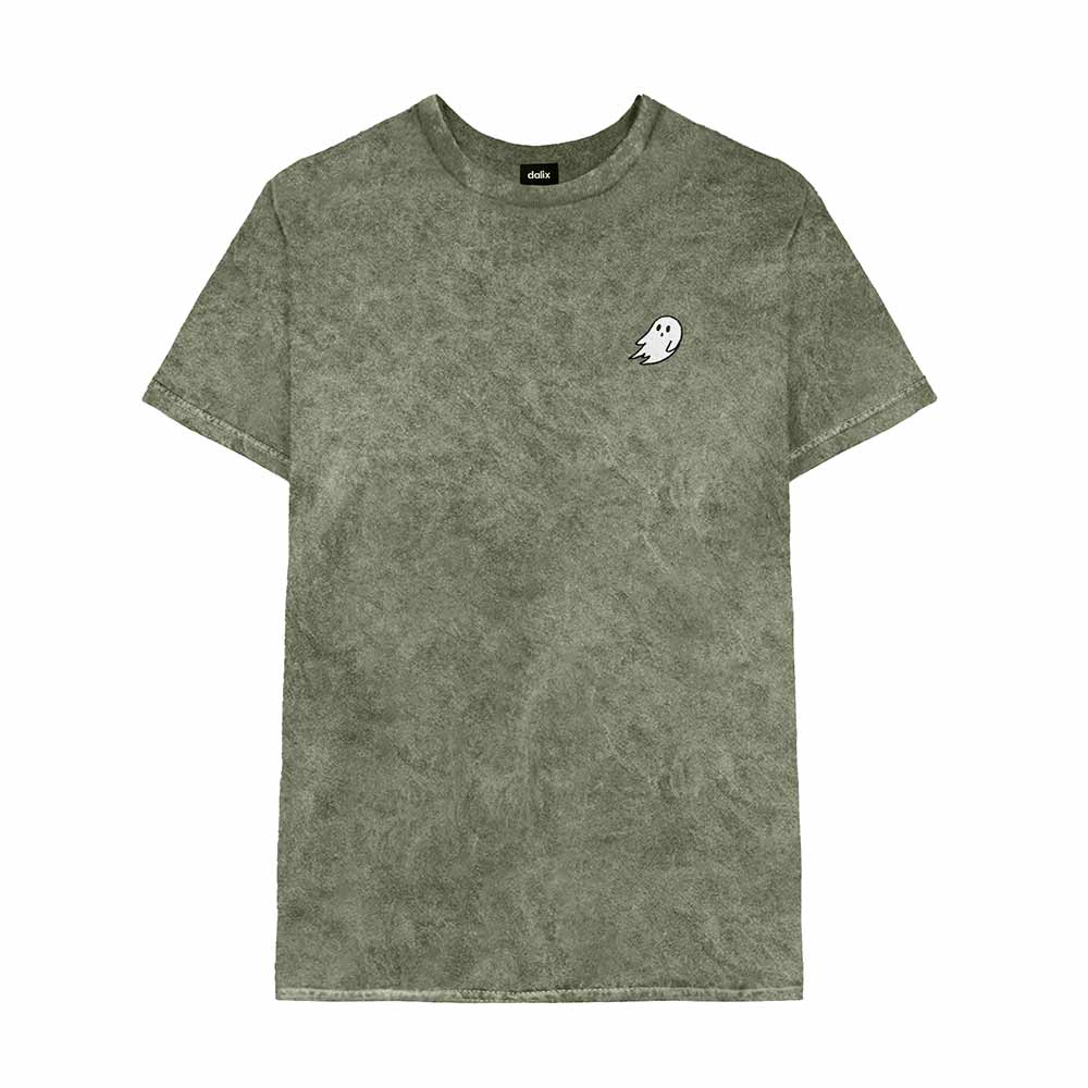 Dalix Ghost Embroidered Mineral Wash Tie Dye Cotton Short Sleeve Tee T Shirt Mens in Olive 2XL XX-Large