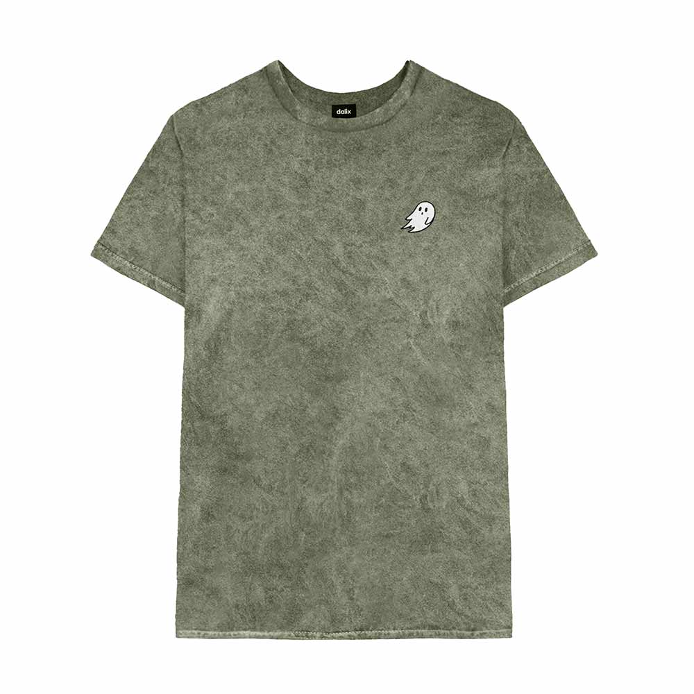 Dalix Ghost Embroidered Mineral Wash Tie Dye Cotton Short Sleeve Tee T Shirt Mens in Olive 2XL XX-Large