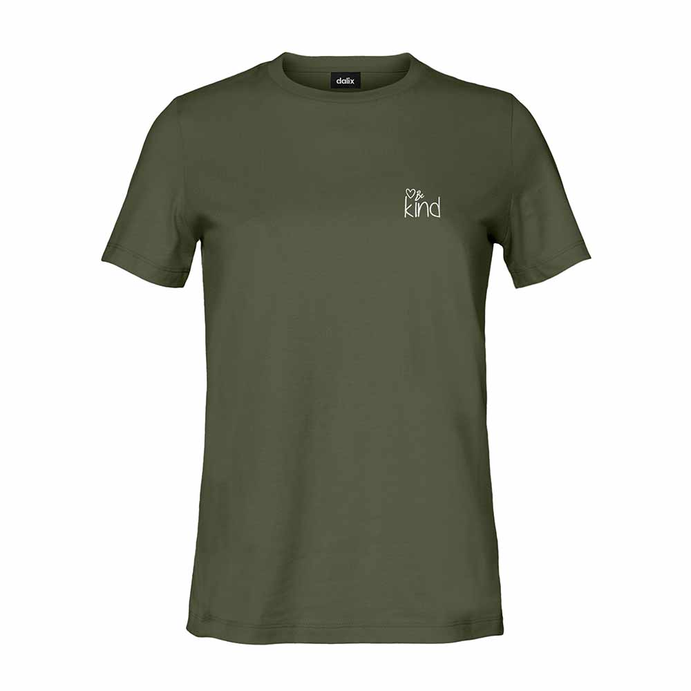 Dalix Be Kind Embroidered Cotton Relaxed Fit Short Sleeve Crewneck Tee Shirt Women in Military Green 2XL XX-Large