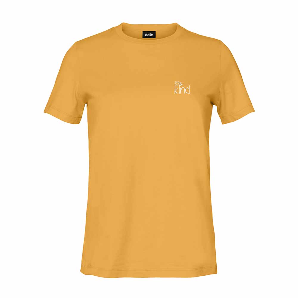 Dalix Be Kind Embroidered Cotton Relaxed Fit Short Sleeve Crewneck Tee Shirt Women in Mustard 2XL XX-Large