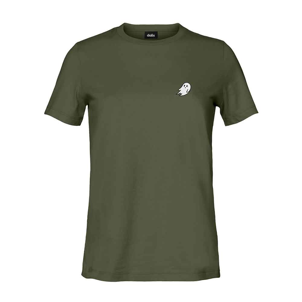 Dalix Ghost Embroidered Soft Cotton Short Sleeve T Shirt Womens in Military Green 2XL XX-Large