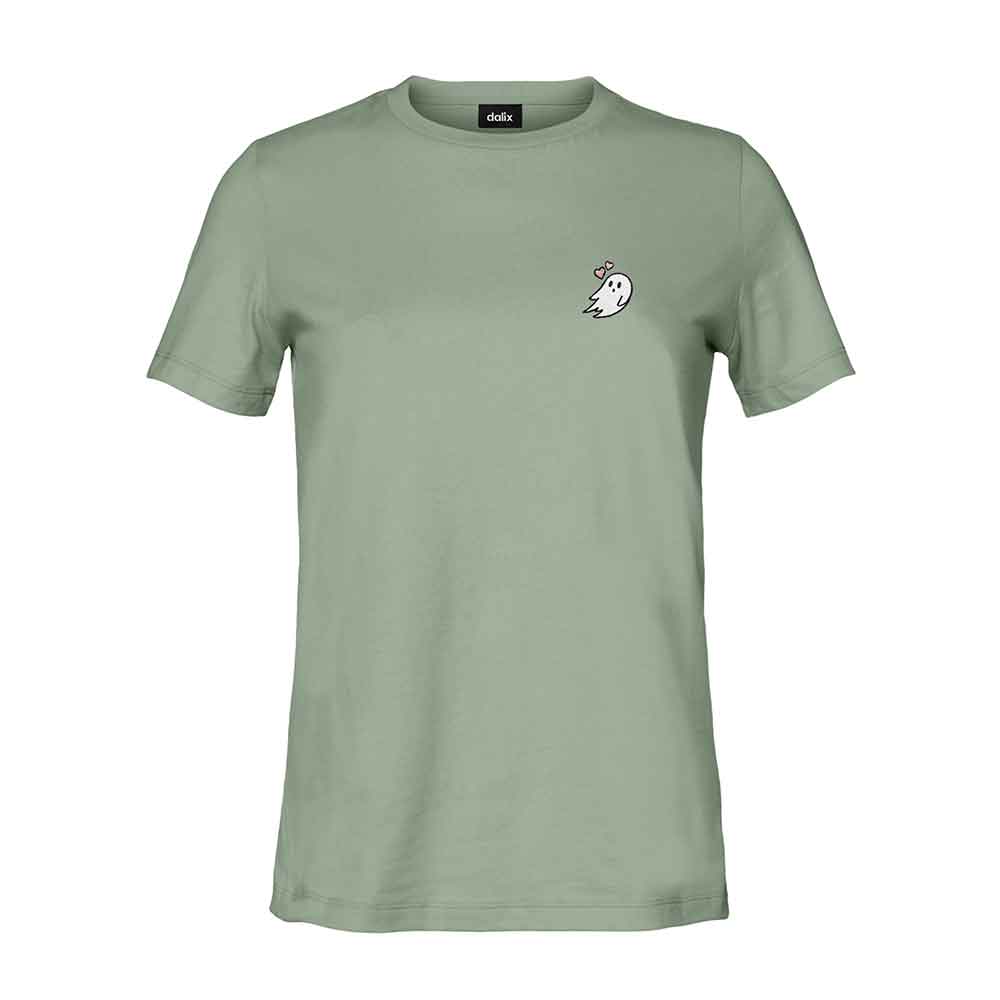Dalix Heartly Ghost Embroidered Soft Cotton Short Sleeve T Shirt Womens in Sage 2XL XX-Large