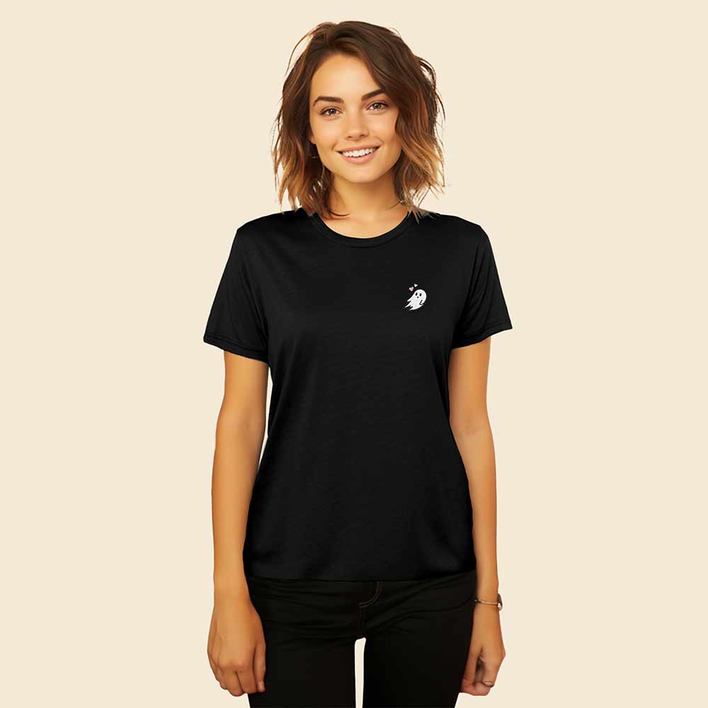 Dalix Heartly Ghost Embroidered Cotton Relaxed Fit Short Sleeve Crewneck Tee Shirt Women in Black 2XL XX-Large