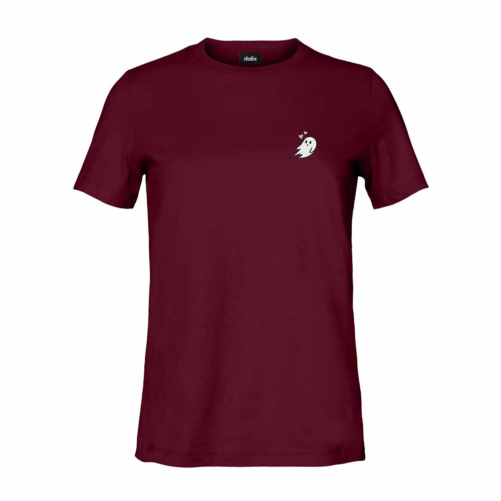 Dalix Heartly Ghost Embroidered Cotton Relaxed Fit Short Sleeve Crewneck Tee Shirt Women in Maroon 2XL XX-Large