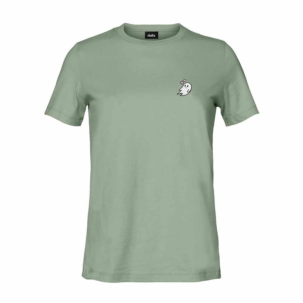 Dalix Heartly Ghost Embroidered Cotton Relaxed Fit Short Sleeve Crewneck Tee Shirt Women in Sage 2XL XX-Large