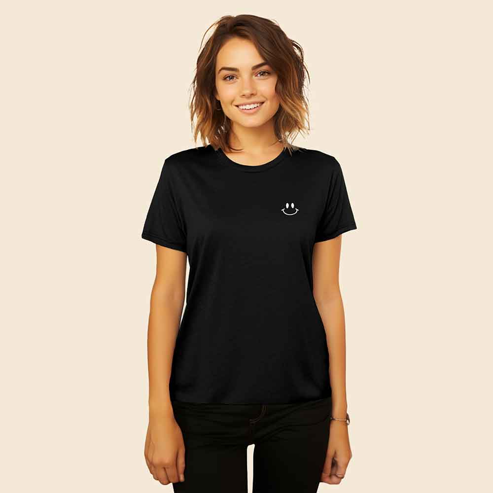 Dalix Smile Face Embroidered Soft Cotton Short Sleeve T Shirt Womens in Black 2XL XX-Large