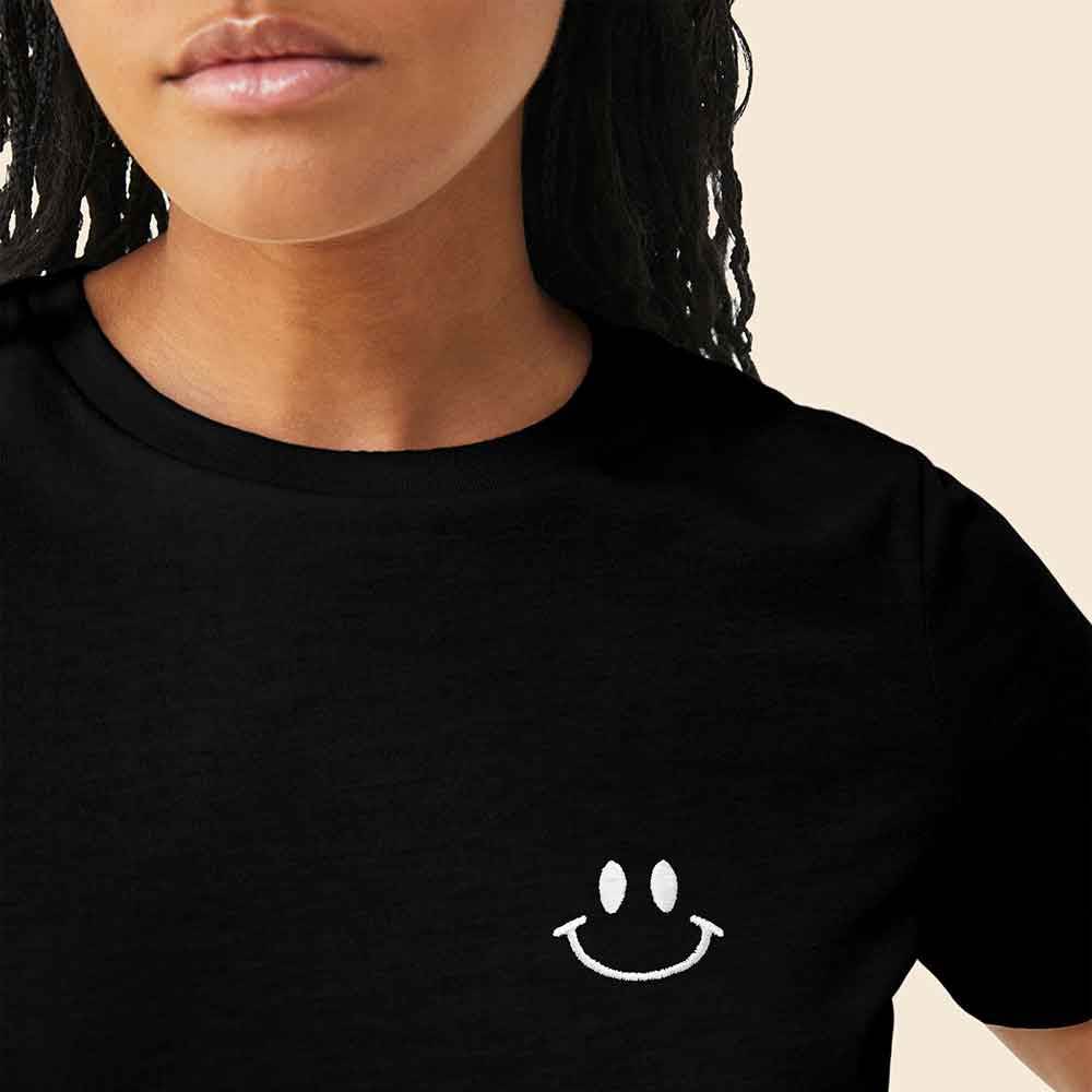 Dalix Smile Face Embroidered Soft Cotton Short Sleeve T Shirt Womens in Black 2XL XX-Large