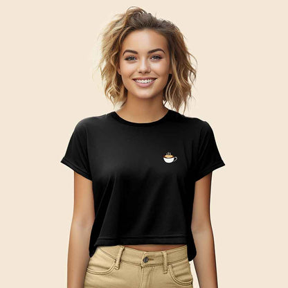 Dalix Cappuccino Embroidered Cropped Flowy Soft Cotton Short Sleeve T Shirt Womens in Black 2XL XX-Large