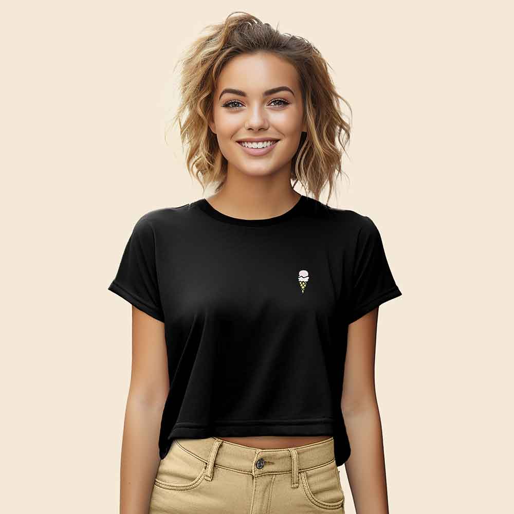 Dalix Ice Cream Embroidered Cropped Flowy Soft Cotton Short Sleeve T Shirt Womens in Black 2XL XX-Large