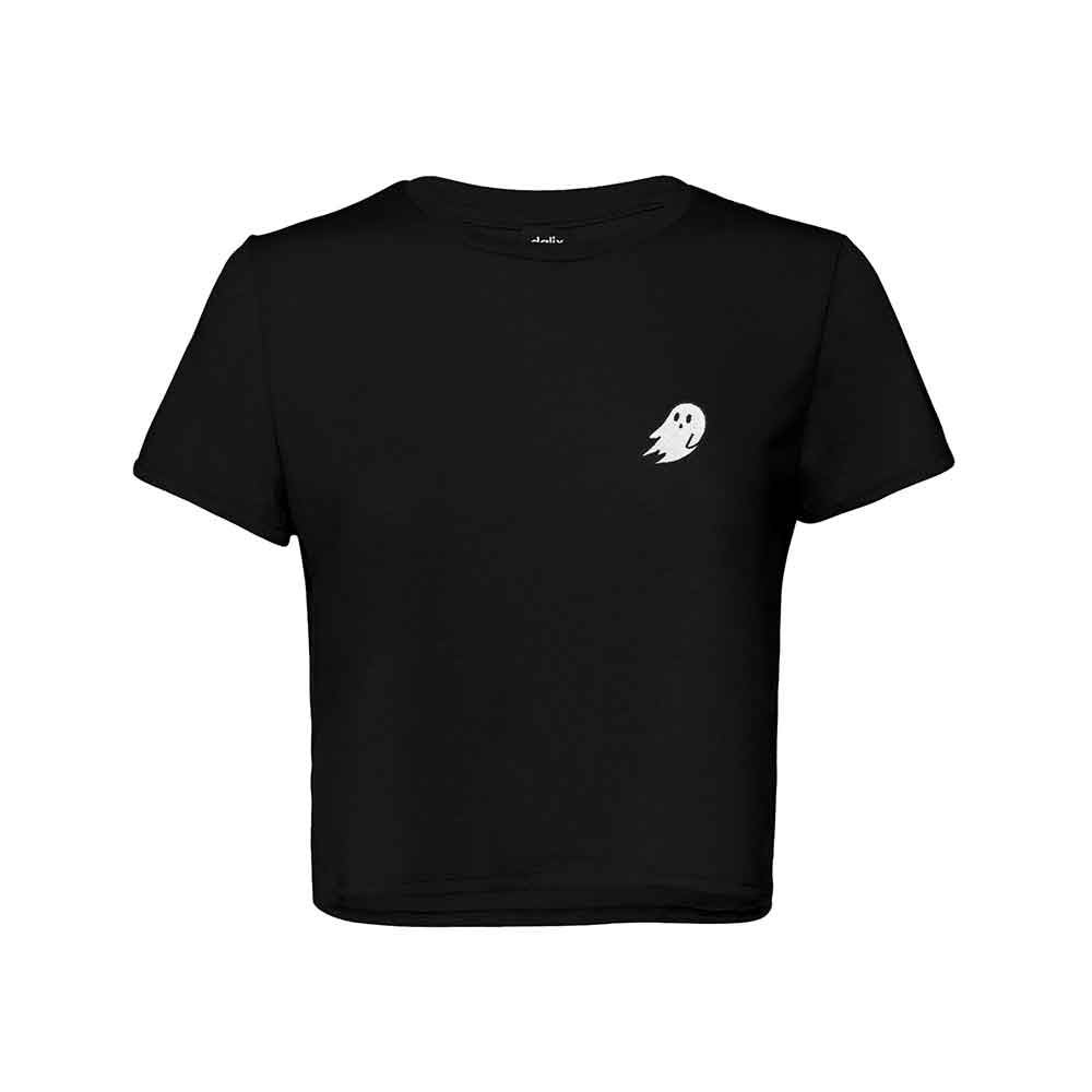 Dalix Ghost Embroidered Cropped Flowy Soft Cotton Short Sleeve T Shirt Womens in Black 2XL XX-Large