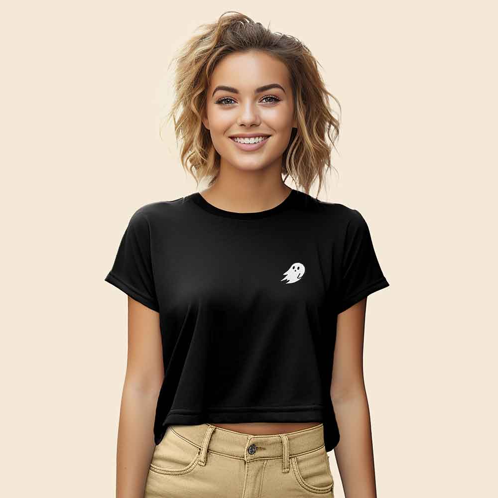Dalix Ghost Embroidered Cropped Flowy Soft Cotton Short Sleeve T Shirt Womens in Black 2XL XX-Large