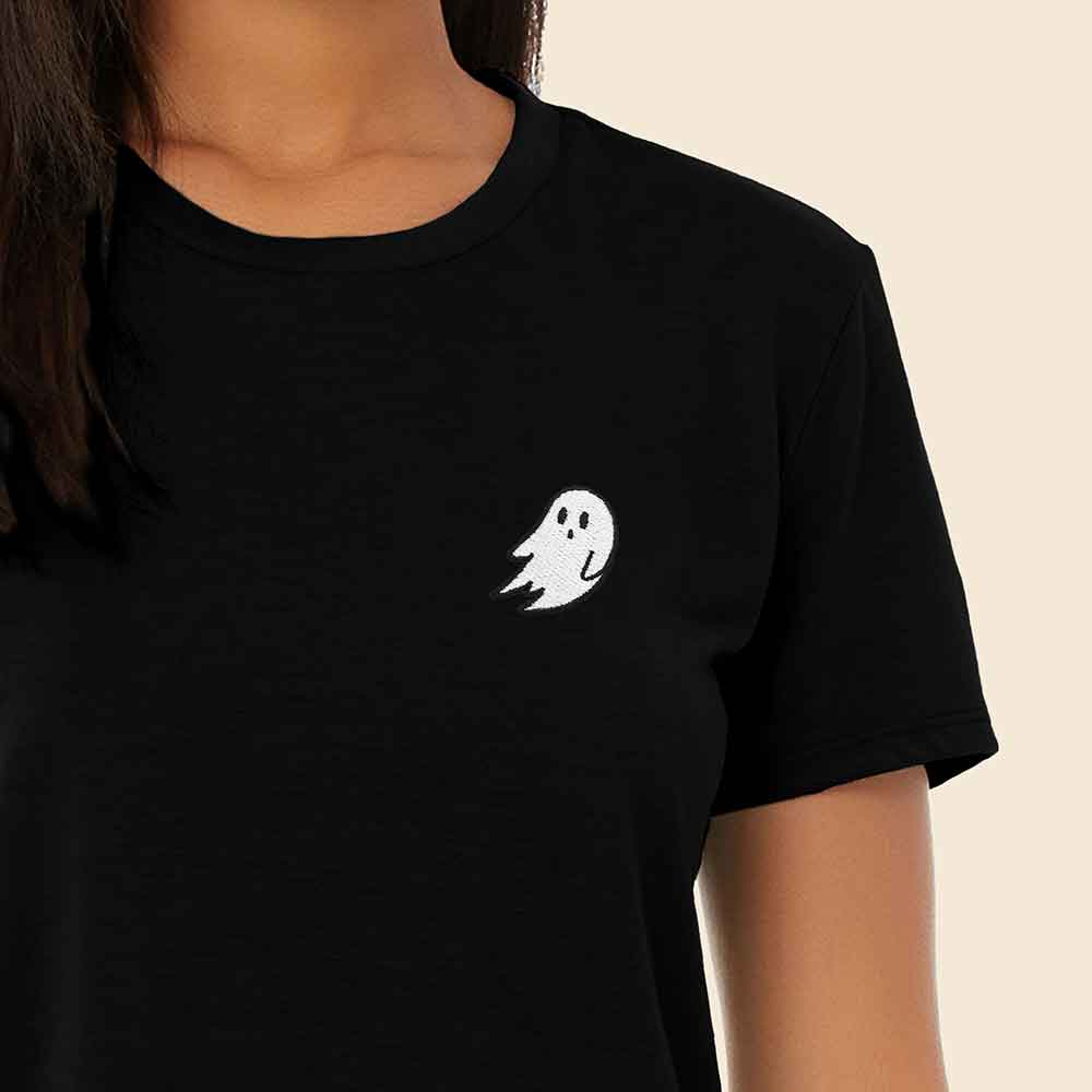 Dalix Ghost Embroidered Cropped Flowy Soft Cotton Short Sleeve T Shirt Womens in Black 2XL XX-Large
