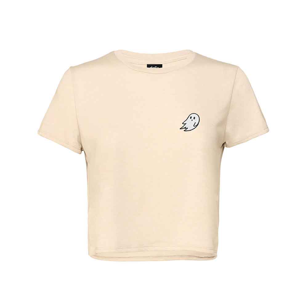 Dalix Ghost Embroidered Cropped Flowy Soft Cotton Short Sleeve T Shirt Womens in Heather Dust 2XL XX-Large