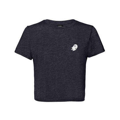 Dalix Ghost Embroidered Cropped Flowy Soft Cotton Short Sleeve T Shirt Womens in Heather Navy 2XL XX-Large