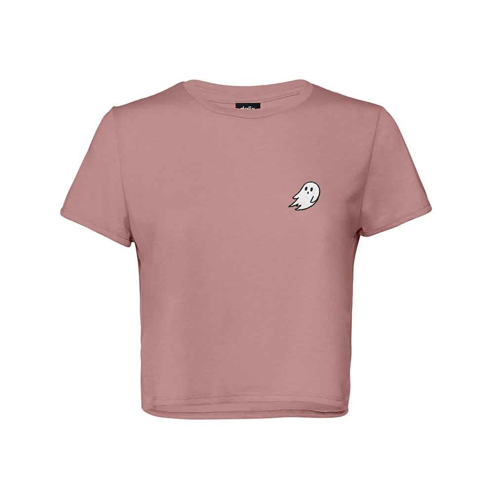 Dalix Ghost Embroidered Cropped Flowy Soft Cotton Short Sleeve T Shirt Womens in Mauve 2XL XX-Large
