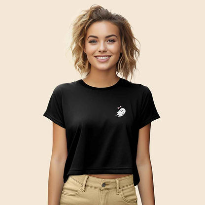 Dalix Heartly Ghost Embroidered Cropped Flowy Soft Cotton Short Sleeve T Shirt Womens in Black 2XL XX-Large