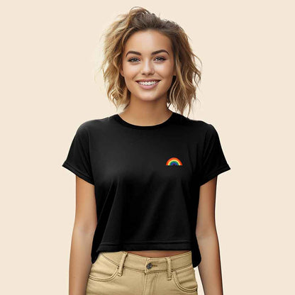 Dalix Rainbow Embroidered Cropped Flowy Soft Cotton Short Sleeve T Shirt Womens in Black 2XL XX-Large