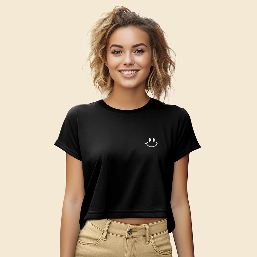 Dalix Smile Face Embroidered Cotton Relaxed Fit Short Sleeve Crewneck Tee Shirt Womens in Black 2XL XX-Large