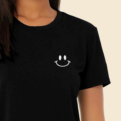 Dalix Smile Face Embroidered Cotton Relaxed Fit Short Sleeve Crewneck Tee Shirt Womens in Black 2XL XX-Large