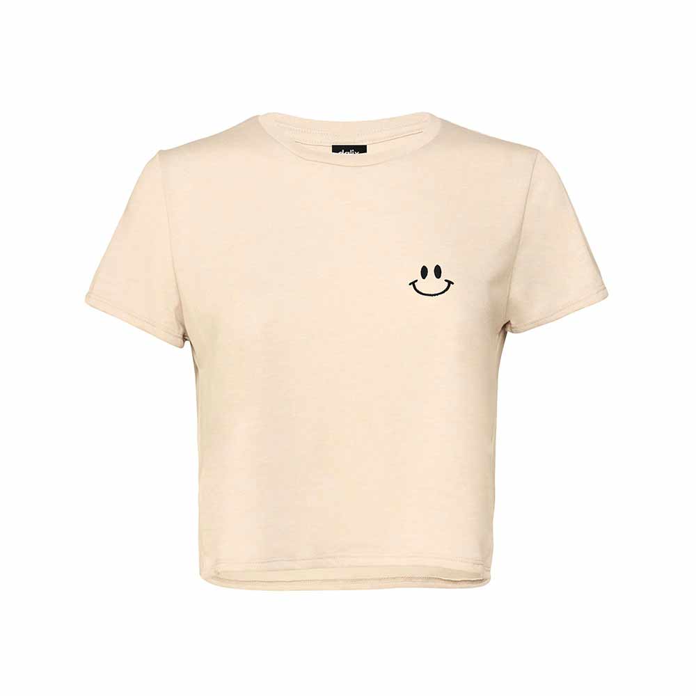 Dalix Smile Face Embroidered Cotton Relaxed Fit Short Sleeve Crewneck Tee Shirt Womens in Heather Dust 2XL XX-Large