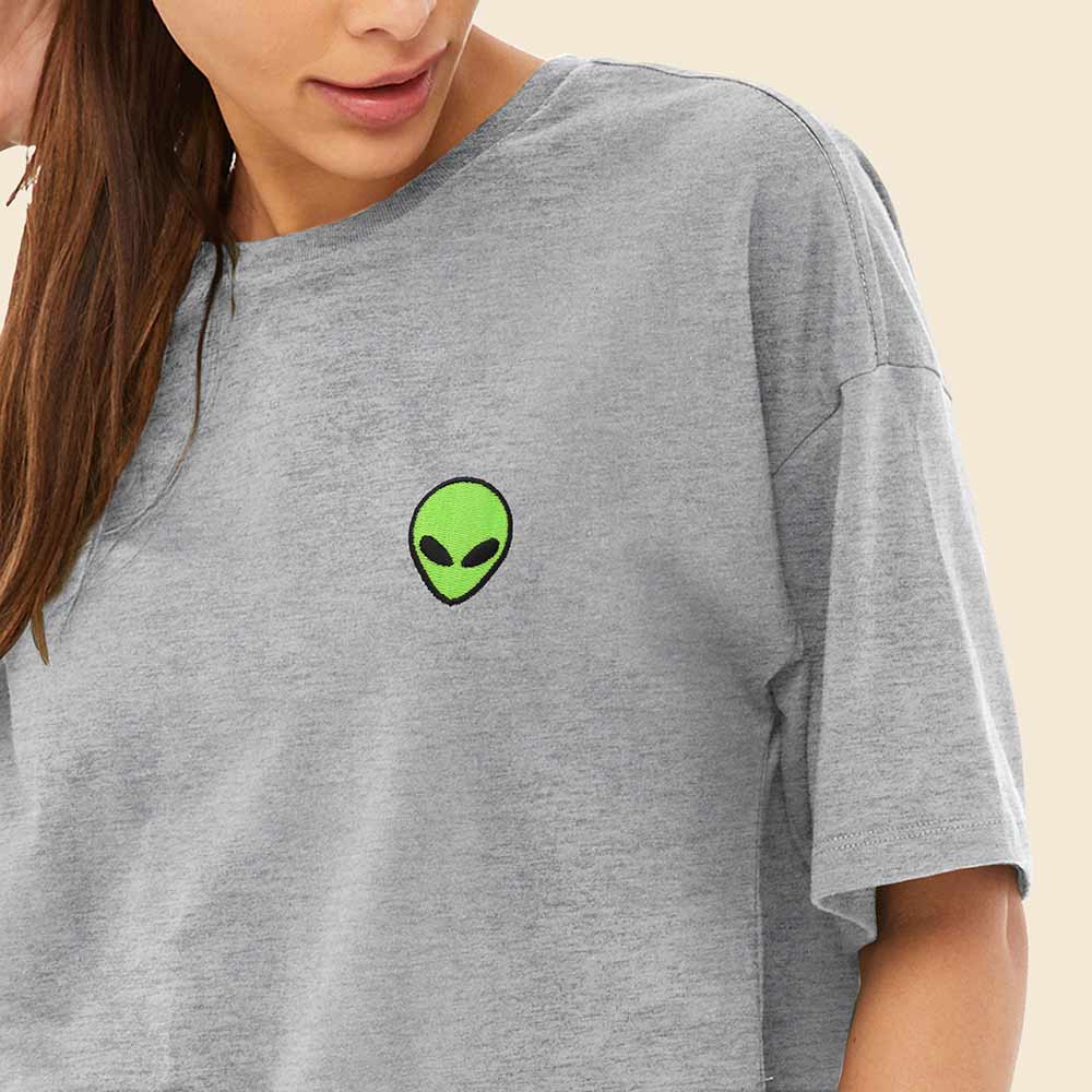 Dalix Alien Embroidered Cotton Relaxed Fit Flowy Short Sleeve Crewneck Tee Shirt Womens in Athletic Heather 2XL XX-Large