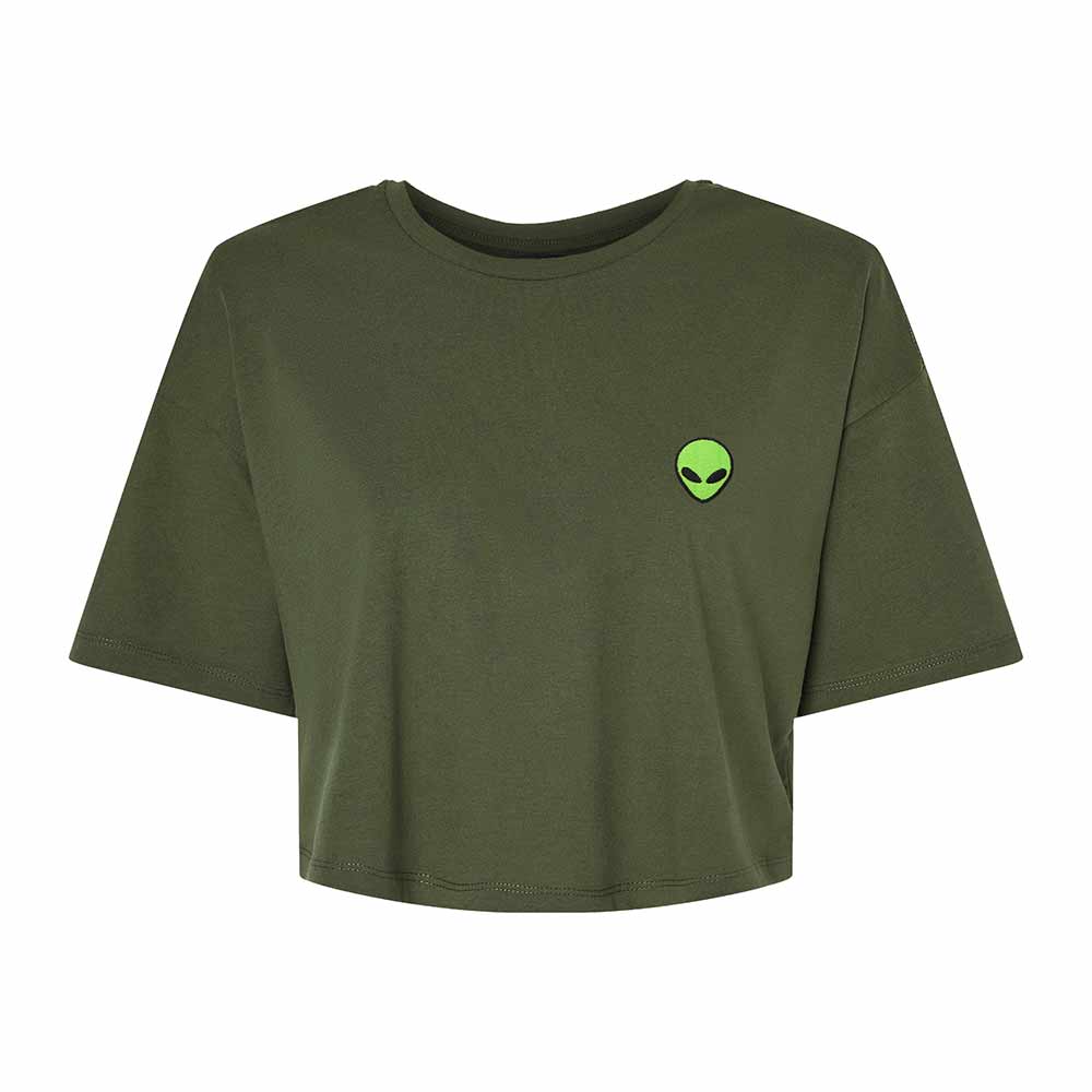 Dalix Alien Embroidered Cotton Relaxed Fit Flowy Short Sleeve Crewneck Tee Shirt Womens in Military Green 2XL XX-Large