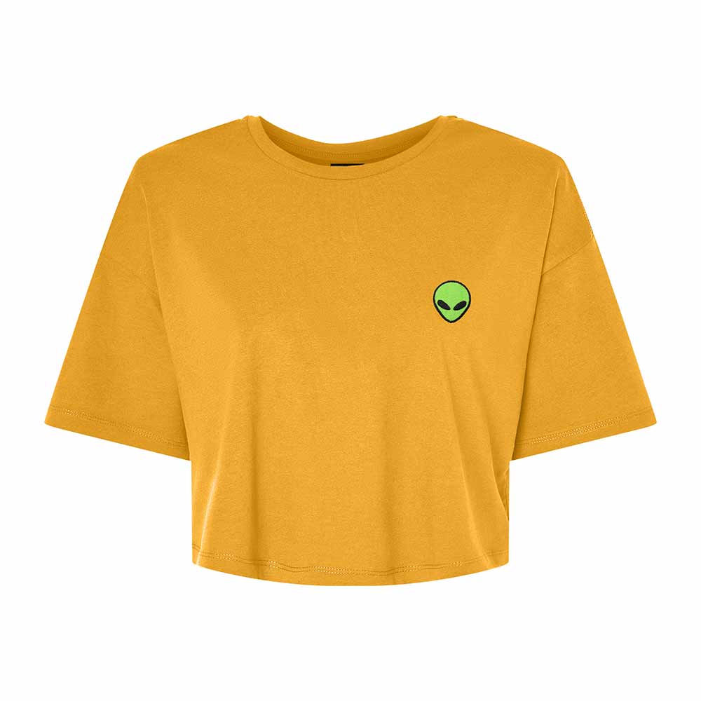 Dalix Alien Embroidered Cotton Relaxed Fit Flowy Short Sleeve Crewneck Tee Shirt Womens in Mustard 2XL XX-Large