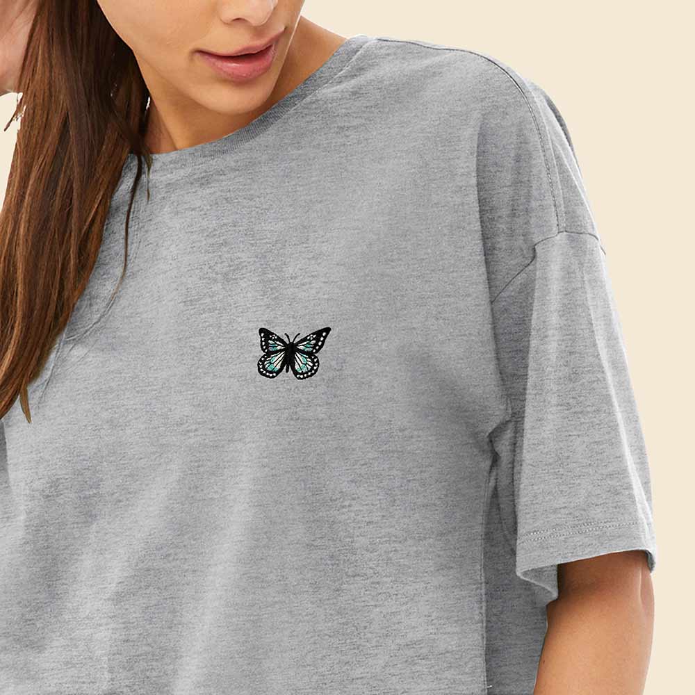 Dalix Butterfly Embroidered Cotton Relaxed Fit Flowy Short Sleeve Crewneck Tee Shirt Womens in Athletic Heather 2XL XX-Large