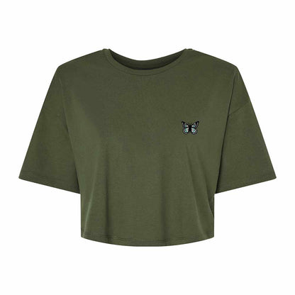 Dalix Butterfly Embroidered Cotton Relaxed Fit Flowy Short Sleeve Crewneck Tee Shirt Womens in Military Green 2XL XX-Large
