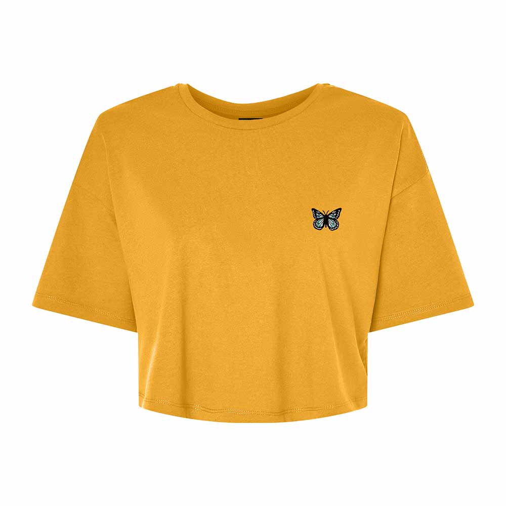 Dalix Butterfly Embroidered Cotton Relaxed Fit Flowy Short Sleeve Crewneck Tee Shirt Womens in Mustard 2XL XX-Large
