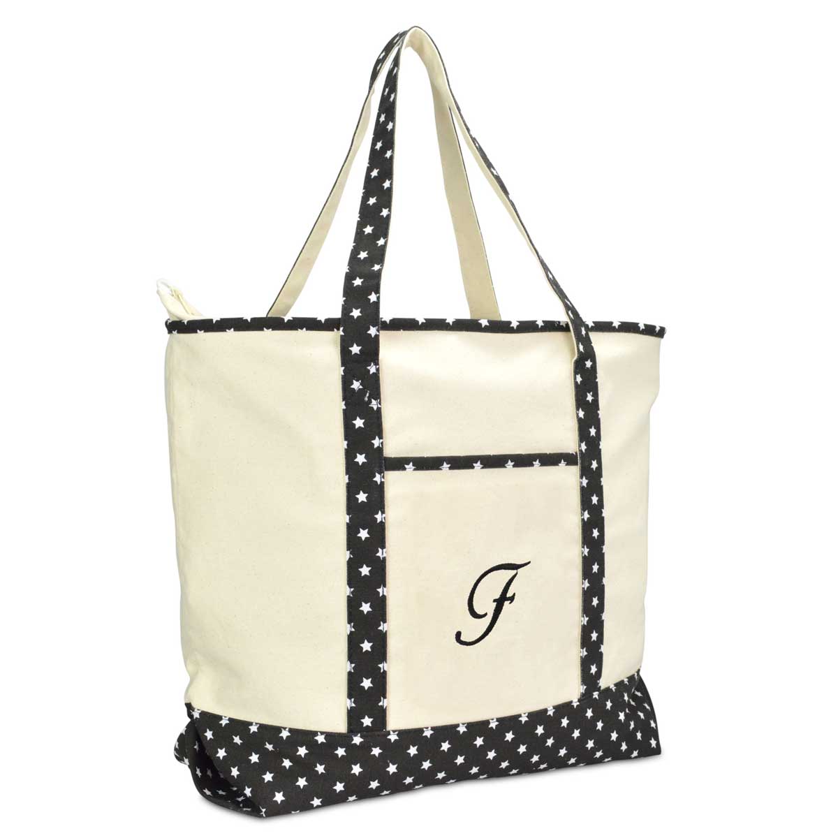 Dalix Personalized Shopping Tote Bag Monogram Black Star Initial Zippered Letter A-Z