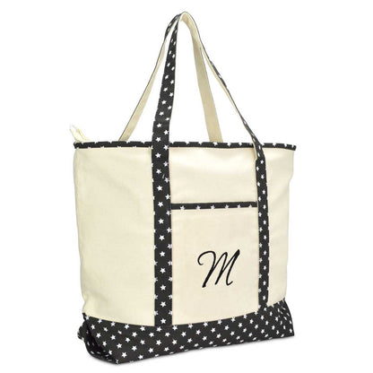 Dalix Personalized Shopping Tote Bag Monogram Black Star Initial Zippered Letter A-Z