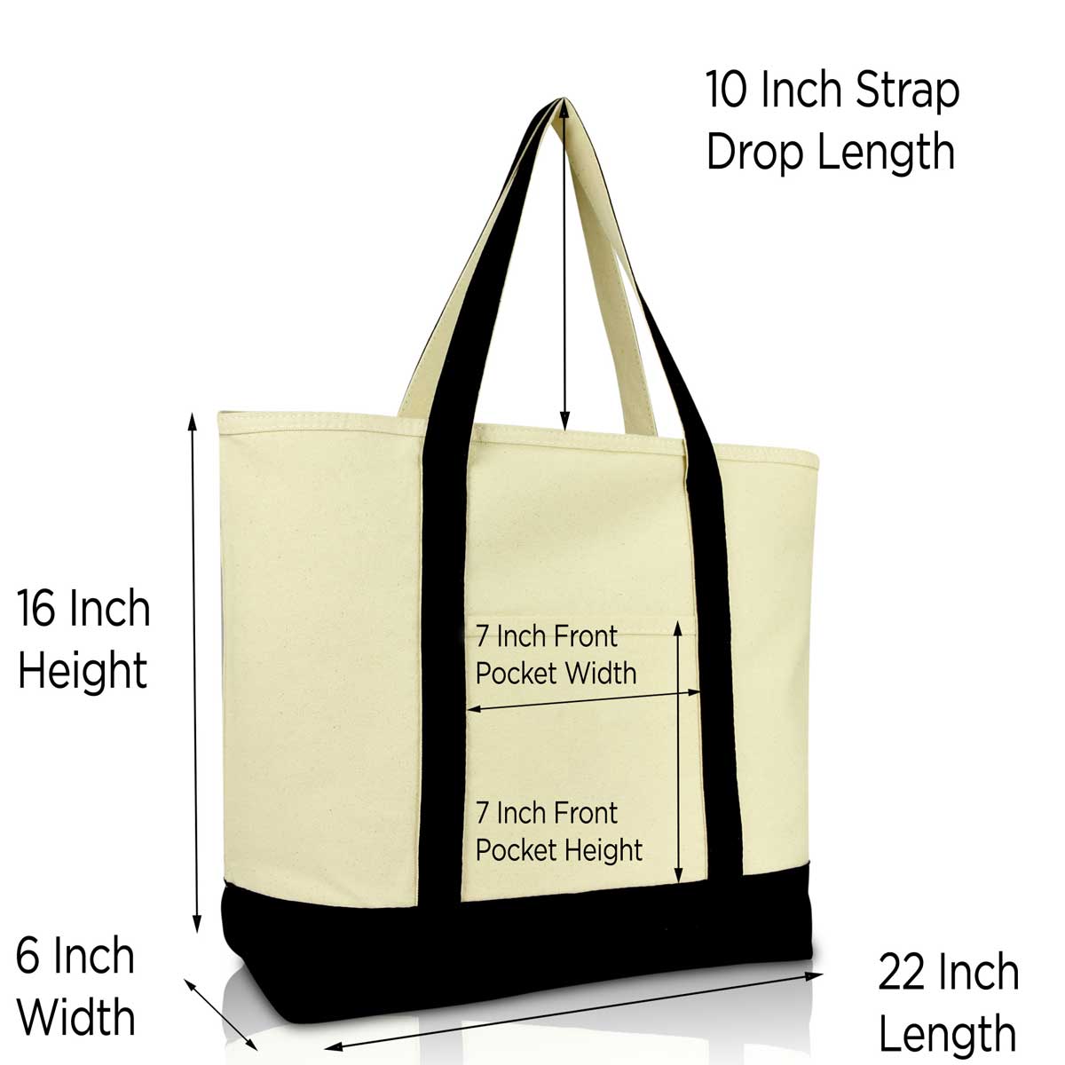 Black Large Tote Bag, Natural 100% Cotton Black Canvas Zipper Tote