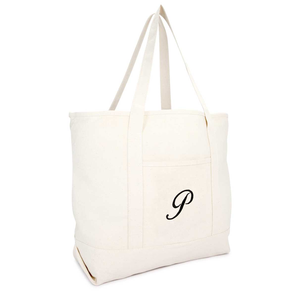 Dalix Personalized Shopping Tote Bag Monogram Natural Initial Zippered Letter A-Z
