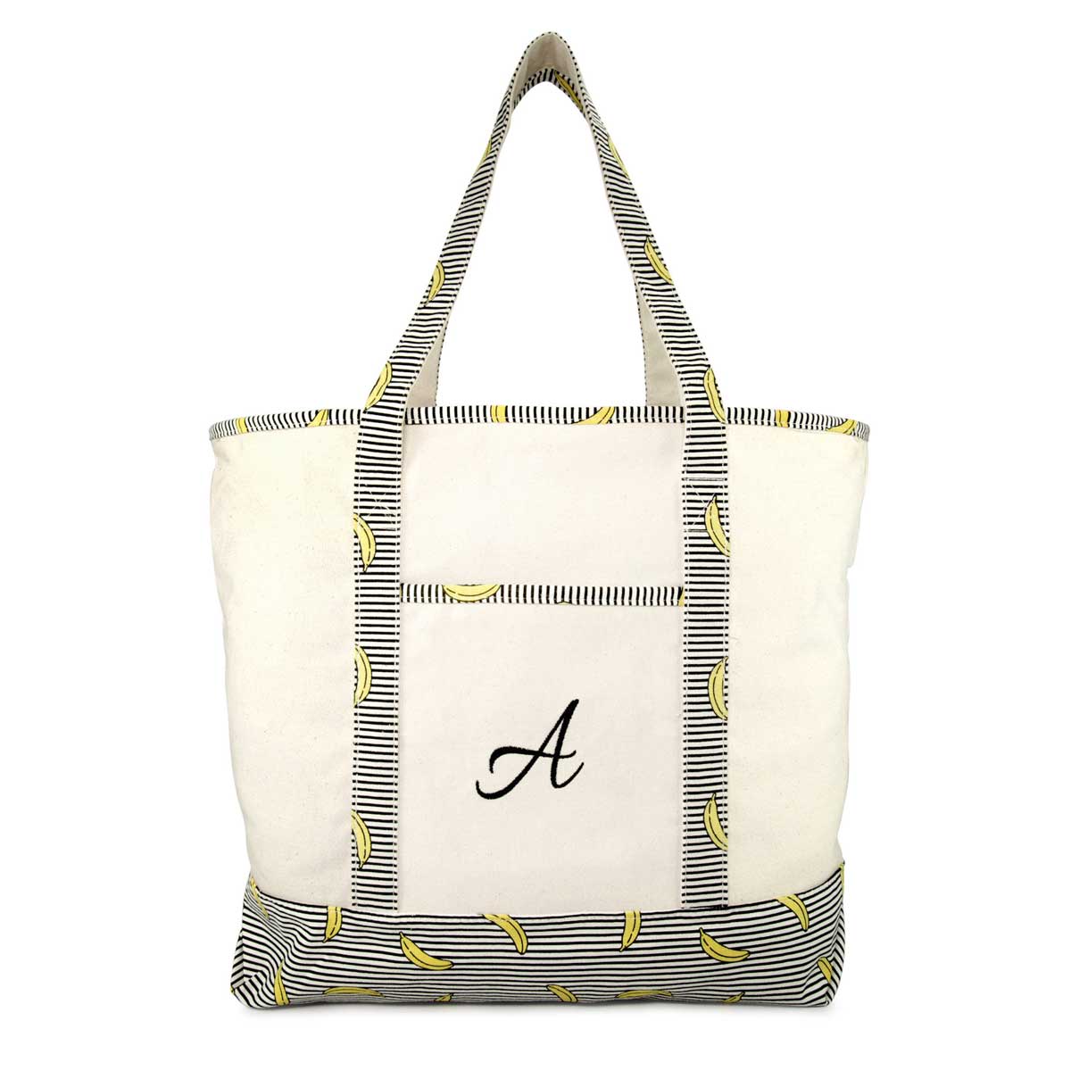 Dalix Personalized Shopping Tote Bag Monogram Initial Zippered Letter A-Z Banana